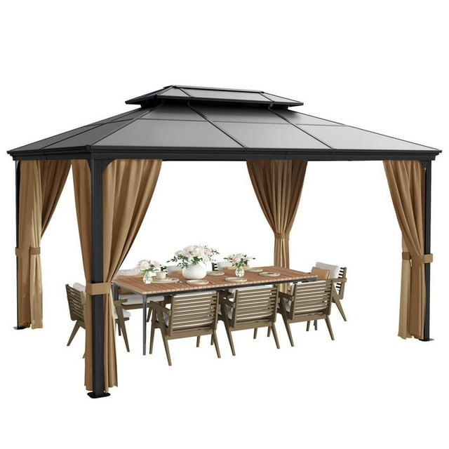 Furmax 10' x 12' Outdoor Hardtop Gazebo Galvanized Steel Metal Double Roof and Aluminum Frame with Canopy, Netting, Curtains Permanent Pergola for Patio Backyard Garden Lawns Parties