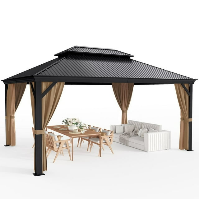 Furmax 10' x 12' Outdoor Hardtop Gazebo Galvanized Steel Metal Double Roof and Aluminum Frame with Canopy, Netting, Curtains Permanent Pergola for Patio Backyard Garden Lawns Parties