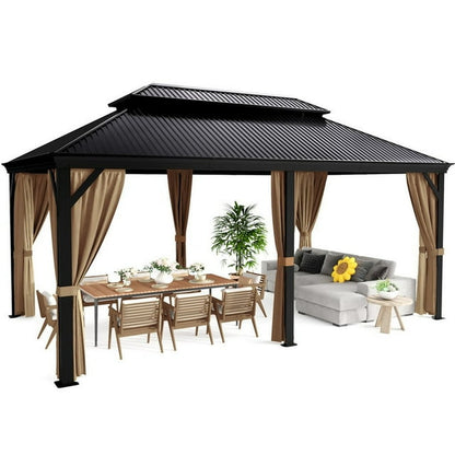 Furmax 10' x 12' Outdoor Hardtop Gazebo Galvanized Steel Metal Double Roof and Aluminum Frame with Canopy, Netting, Curtains Permanent Pergola for Patio Backyard Garden Lawns Parties