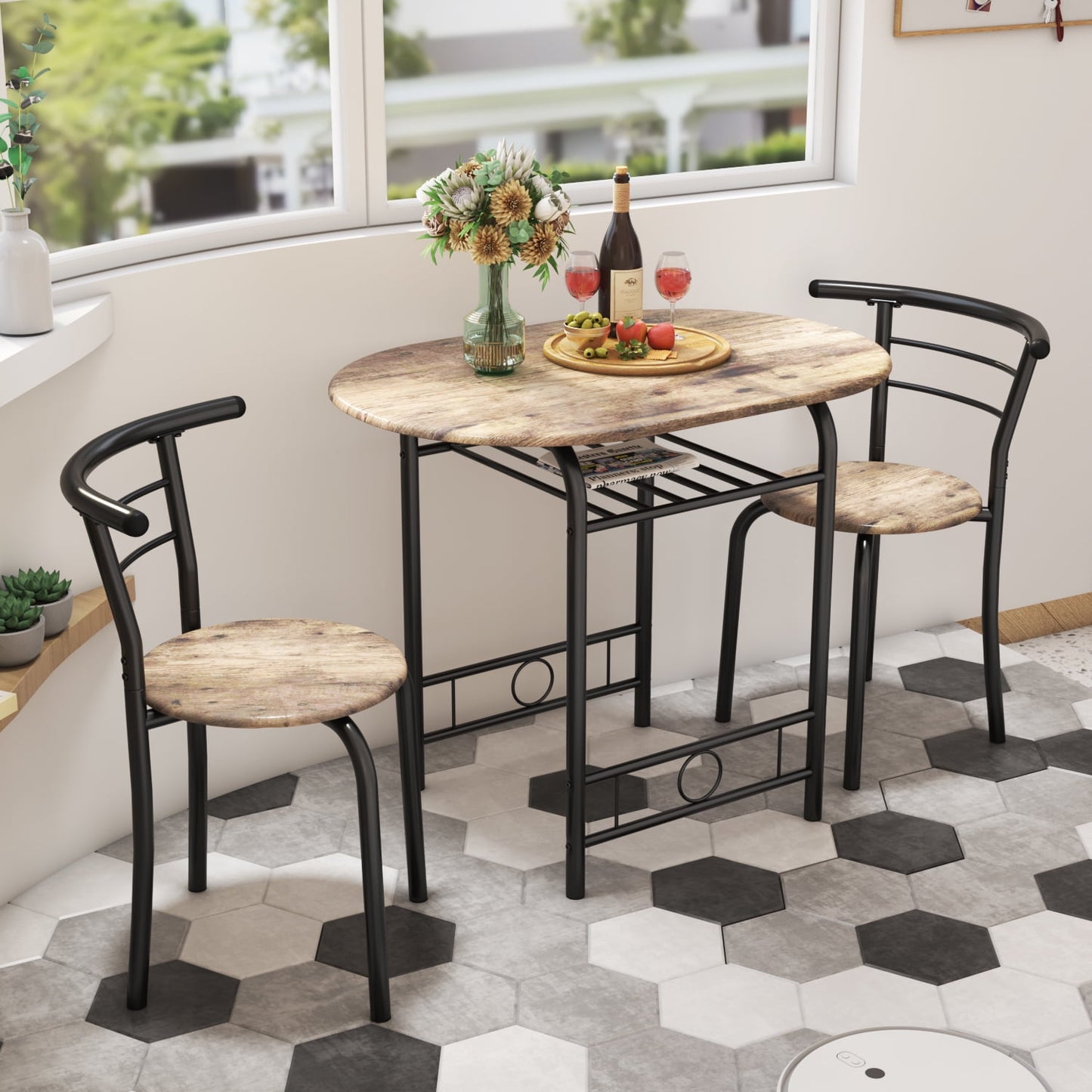 Furmax 3 Piece Wood and Metal Dining set, Small dining table for 2 ,for Living Room, Dining Room, Kitchen