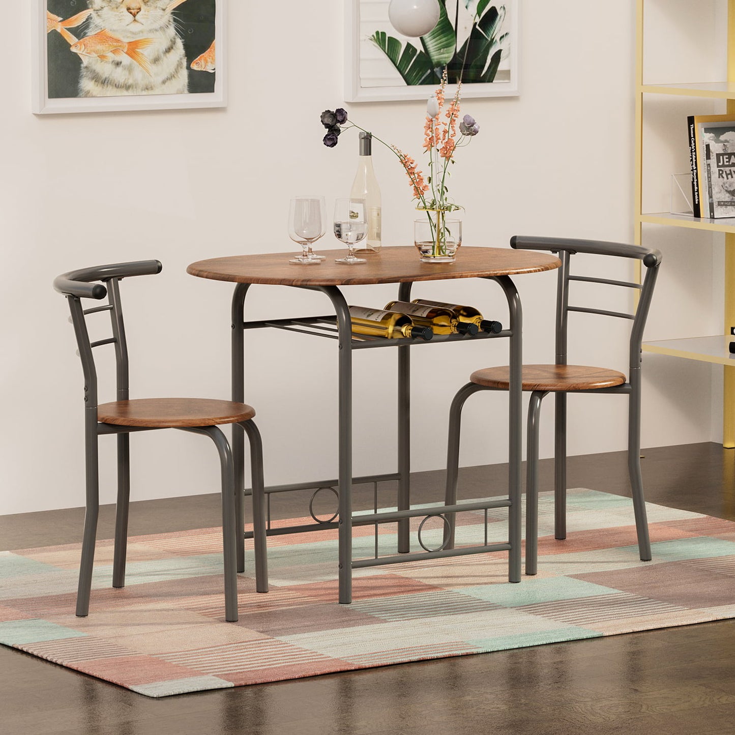 Furmax 3 Piece Wood and Metal Dining set, Small dining table for 2 ,for Living Room, Dining Room, Kitchen