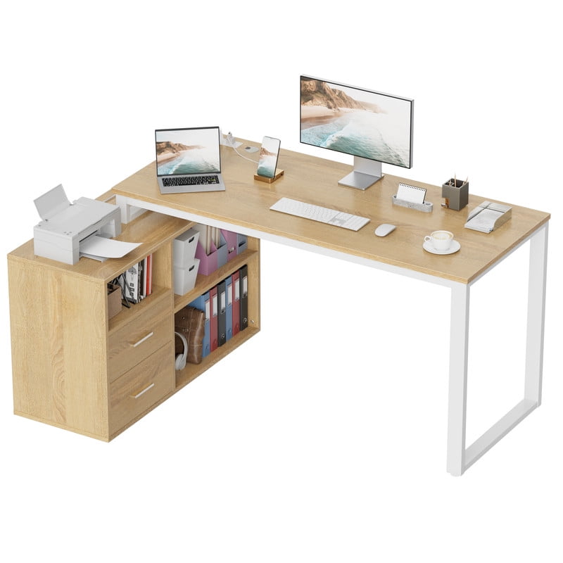 Furmax 55 Inch L-Shaped Corner Computer Desk with File Cabinet, Power Outlet, Home Office Desk with 2 Drawers and 3 Storage Shelve, Workstation Executive Desk with Storage Shelf for Home Office