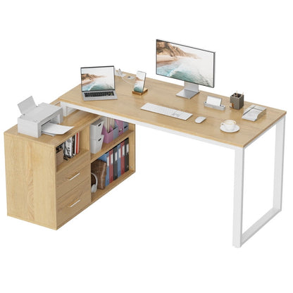 Furmax 55 Inch L-Shaped Corner Computer Desk with File Cabinet, Power Outlet, Home Office Desk with 2 Drawers and 3 Storage Shelve, Workstation Executive Desk with Storage Shelf for Home Office
