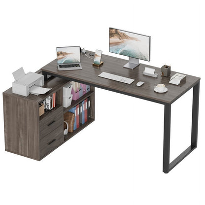 Furmax 55 Inch L-Shaped Corner Computer Desk with File Cabinet, Power Outlet, Home Office Desk with 2 Drawers and 3 Storage Shelve, Workstation Executive Desk with Storage Shelf for Home Office