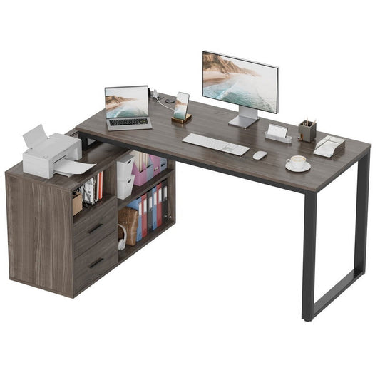 Furmax 55 Inch L-Shaped Corner Computer Desk with File Cabinet, Power Outlet, Home Office Desk with 2 Drawers and 3 Storage Shelve, Workstation Executive Desk with Storage Shelf for Home Office