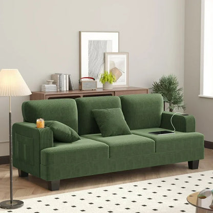 Furmax 84''W 3 Seat Sofa Couch Wide Armrest Modern Fabric Sofa with USB Charging Ports Corduroy Couch for Living Room,Green