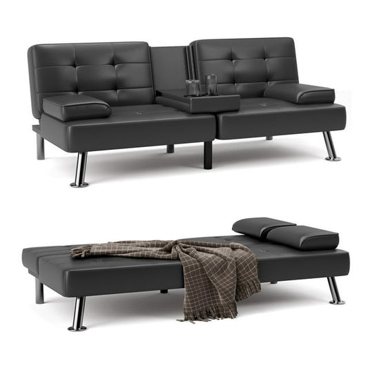 Furmax Futon Sofa Bed Convertible Folding Faux Leather Couch with 2 Cup Holders
