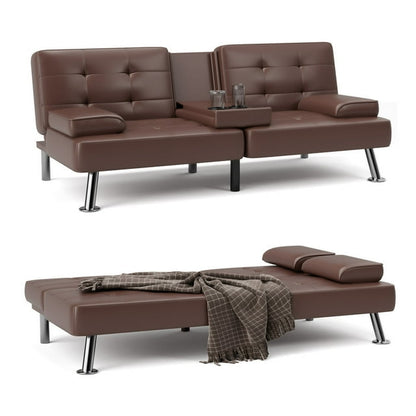 Furmax Futon Sofa Bed Convertible Folding Faux Leather Couch with 2 Cup Holders