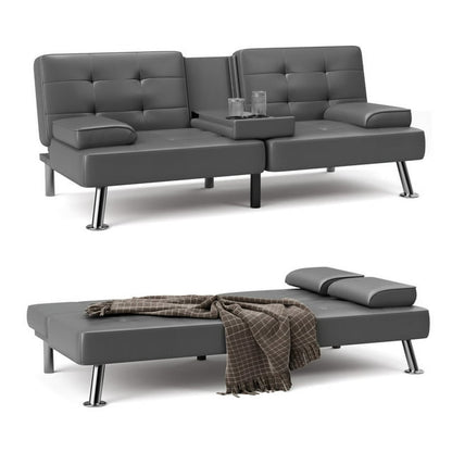 Furmax Futon Sofa Bed Convertible Folding Faux Leather Couch with 2 Cup Holders