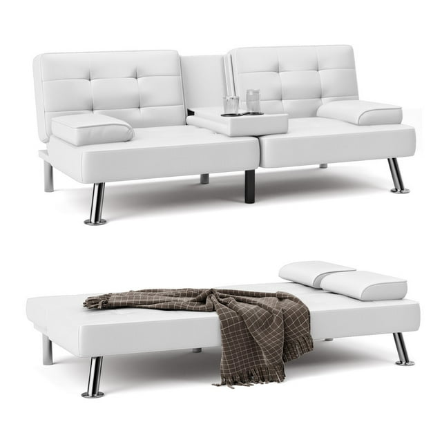Furmax Futon Sofa Bed Convertible Folding Faux Leather Couch with 2 Cup Holders