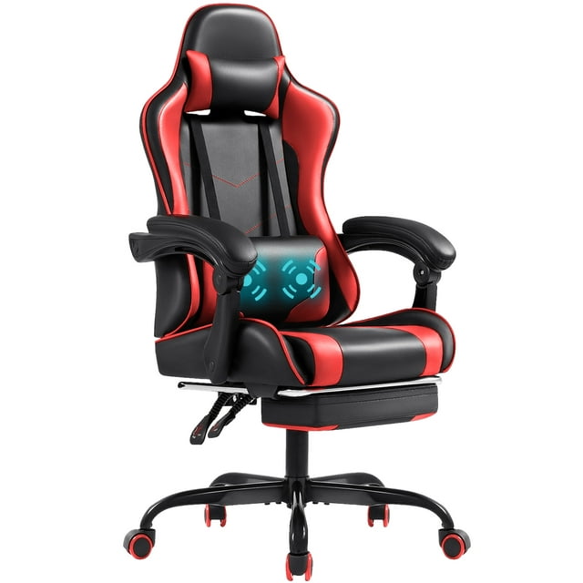 Furmax High Back Massage Gaming Chair with Footrest PU Leather Racing Computer Chair with Lumbar Support Ergonomic Office Chairs, White