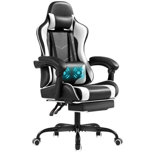 Furmax High Back Massage Gaming Chair with Footrest PU Leather Racing Computer Chair with Lumbar Support Ergonomic Office Chairs, White