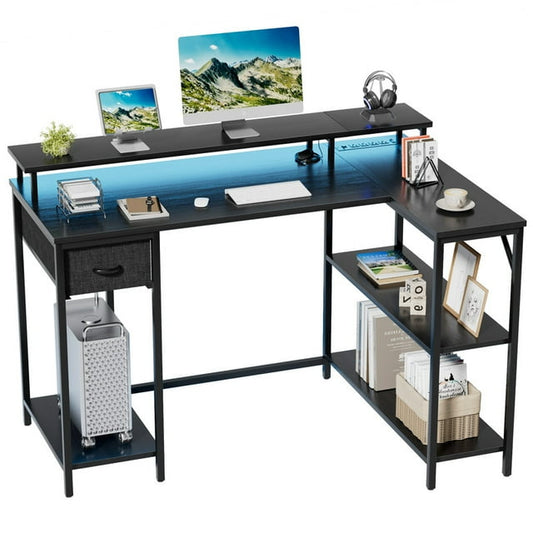 Furmax L-Shape Office Desk Gaming Table with LED Lights Built-in Socket Computer Stand Cloth Drawer 2 Types of Assembly
