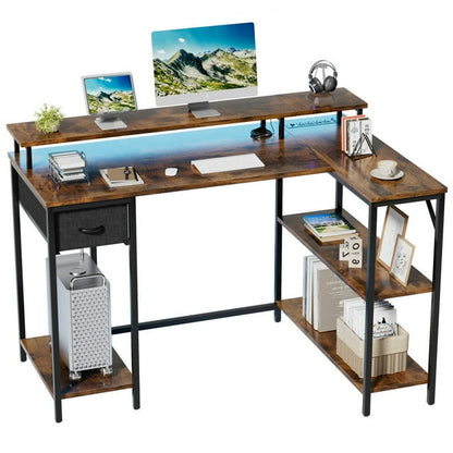 Furmax L-Shape Office Desk Gaming Table with LED Lights Built-in Socket Computer Stand Cloth Drawer 2 Types of Assembly
