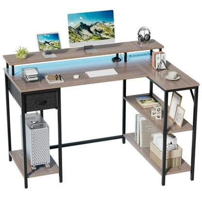 Furmax L-Shape Office Desk Gaming Table with LED Lights Built-in Socket Computer Stand Cloth Drawer 2 Types of Assembly