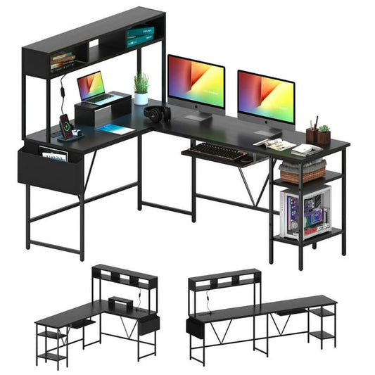 Furmax L-Shape Office Desk Gaming Table with LED Lights Storage Rack Built-in Socket Computer Stand Organizer Pocket Keyboard Drawer