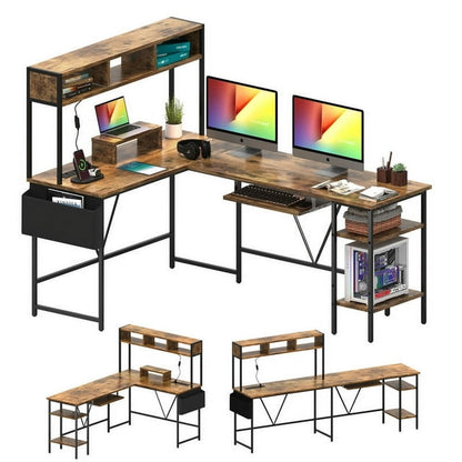 Furmax L-Shape Office Desk Gaming Table with LED Lights Storage Rack Built-in Socket Computer Stand Organizer Pocket Keyboard Drawer