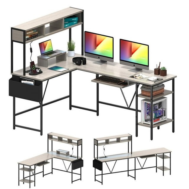 Furmax L-Shape Office Desk Gaming Table with LED Lights Storage Rack Built-in Socket Computer Stand Organizer Pocket Keyboard Drawer