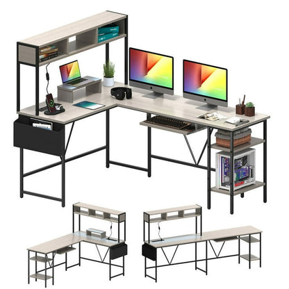 Furmax L-Shape Office Desk Gaming Table with LED Lights Storage Rack Built-in Socket Computer Stand Organizer Pocket Keyboard Drawer