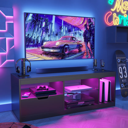 Furmax LED TV Stand for 65 inch TV, Modern TV Stand with LED Lights and High Glossy Cabinets, Game Console Entertainment Center with Storage Shelves and Media Layers for Living Room Bedroom