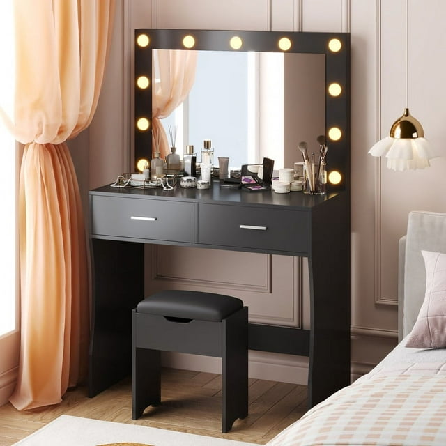 Furmax Makeup Vanity Table Set with Lights and Mirror Vanity Desk with Drawer and Chair