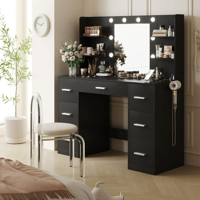 Furmax Makeup Vanity with Mirror and Drawers Vanity Desk Set with 3 Modes Adjustable Brightness Lights and USB Power Outlet