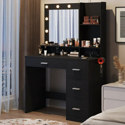 Furmax Vanity Desk with Lights and Mirror Makeup Vanity Table Set with Drawer and Power Outlet