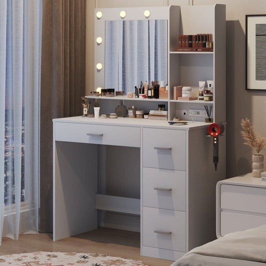 Furmax Vanity Desk with Lights and Mirror Makeup Vanity Table Set with Drawer and Power Outlet