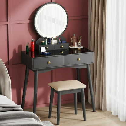 Furmax Vanity Table with Lighted Mirror, Vanity Desk with Stool, Dressing Table with 4 Drawers, Makeup Vanity Set