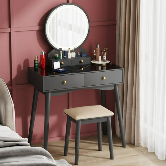 Furmax Vanity Table with Lighted Mirror, Vanity Desk with Stool, Dressing Table with 4 Drawers, Makeup Vanity Set