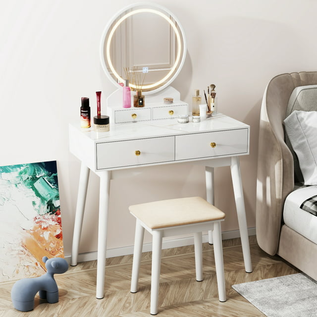 Furmax Vanity Table with Lighted Mirror, Vanity Desk with Stool, Dressing Table with 4 Drawers, Makeup Vanity Set