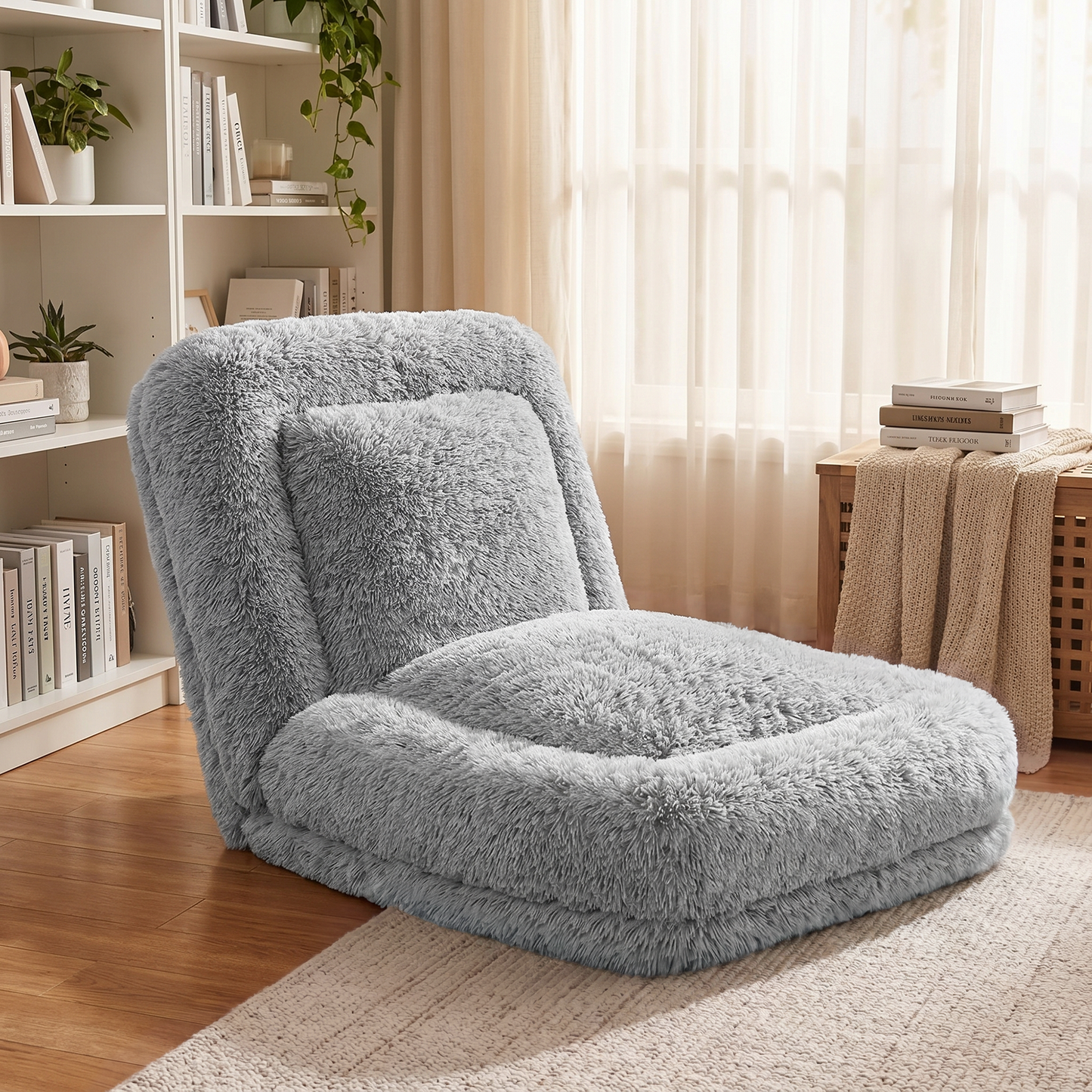 Furmax Soft Faux Fur Adjustable Floor Chair Sofa, Folding Plush Lazy Lounge Chair with Multi-Angle Backrest for Reading, Gaming, Bedroom & Small Spaces