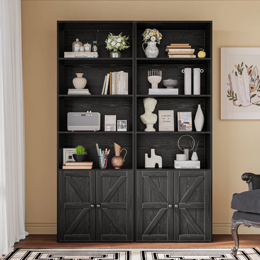 Furmax 1 Piece 4-Shelf Farmhouse Bookcases 4-Tier Bookshelf with Adjustable Shelves&Doors,Storage Cabinet for Home Living room,Kitchen,Office