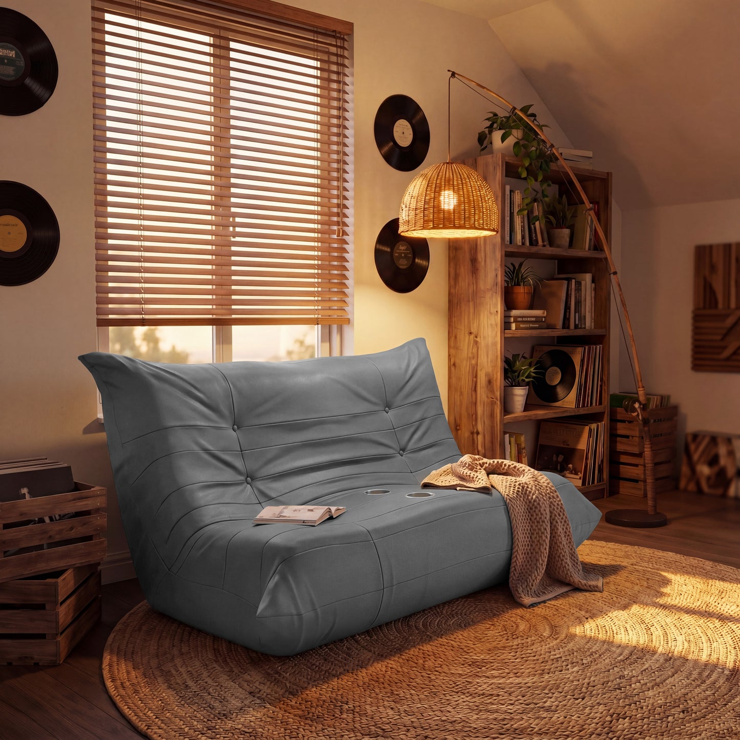 Furmax 66.5" Oversized 2-Seater Floor Sofa Couch with Cup Holders, Premium Solvent-Free Faux Leather Lazy Sofa Chair for Gaming, Movie Nights, Living Room & Dorm, No Assembly Required