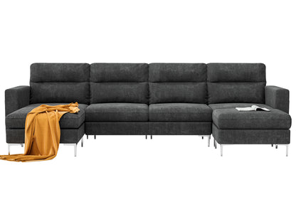 Furmax U-shape Sectional sofa with Chaise and Ottoman, Movable Modular Couch with Fabric Thick Cushion for Living Room, Dark Grey