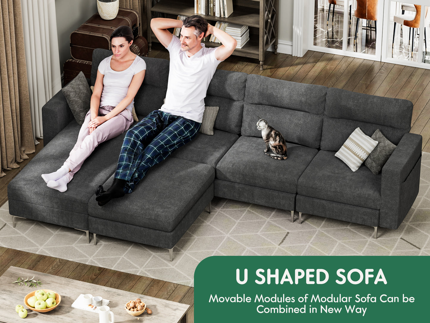 Furmax U-shape Sectional sofa with Chaise and Ottoman, Movable Modular Couch with Fabric Thick Cushion for Living Room, Dark Grey