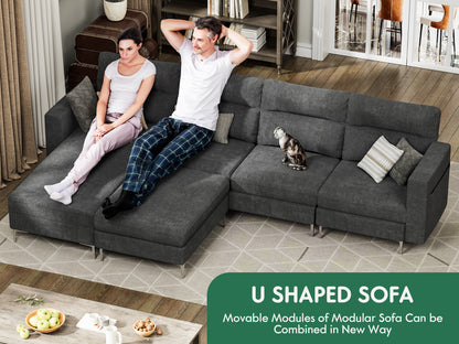 Furmax U-shape Sectional sofa with Chaise and Ottoman, Movable Modular Couch with Fabric Thick Cushion for Living Room, Dark Grey