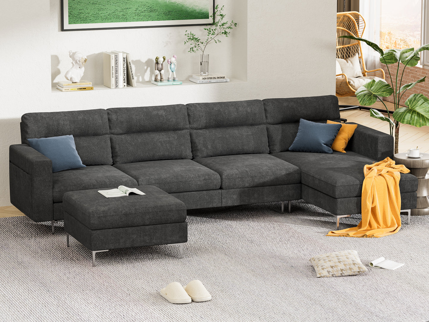 Furmax U-shape Sectional sofa with Chaise and Ottoman, Movable Modular Couch with Fabric Thick Cushion for Living Room, Dark Grey
