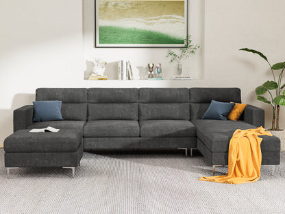Furmax U-shape Sectional sofa with Chaise and Ottoman, Movable Modular Couch with Fabric Thick Cushion for Living Room, Dark Grey