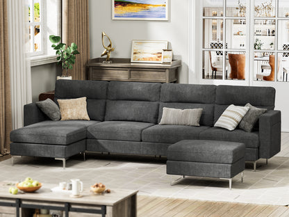 Furmax U-shape Sectional sofa with Chaise and Ottoman, Movable Modular Couch with Fabric Thick Cushion for Living Room, Dark Grey