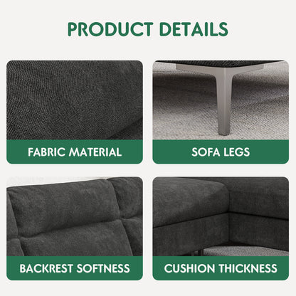 Furmax U-shape Sectional sofa with Chaise and Ottoman, Movable Modular Couch with Fabric Thick Cushion for Living Room, Dark Grey