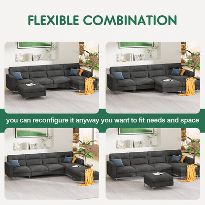 Furmax U-shape Sectional sofa with Chaise and Ottoman, Movable Modular Couch with Fabric Thick Cushion for Living Room, Dark Grey