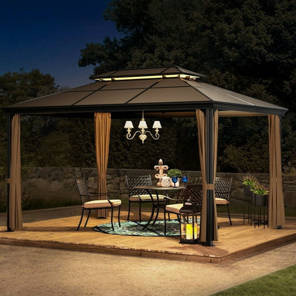 Furmax 10' x 12' Outdoor Hardtop Gazebo Galvanized Steel Metal Double Roof and Aluminum Frame with Canopy, Netting, Curtains Permanent Pergola for Patio Backyard Garden Lawns Parties