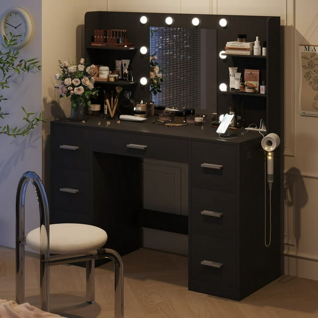Furmax Makeup Vanity with Mirror and Drawers Vanity Desk Set with 3 Modes Adjustable Brightness Lights and USB Power Outlet