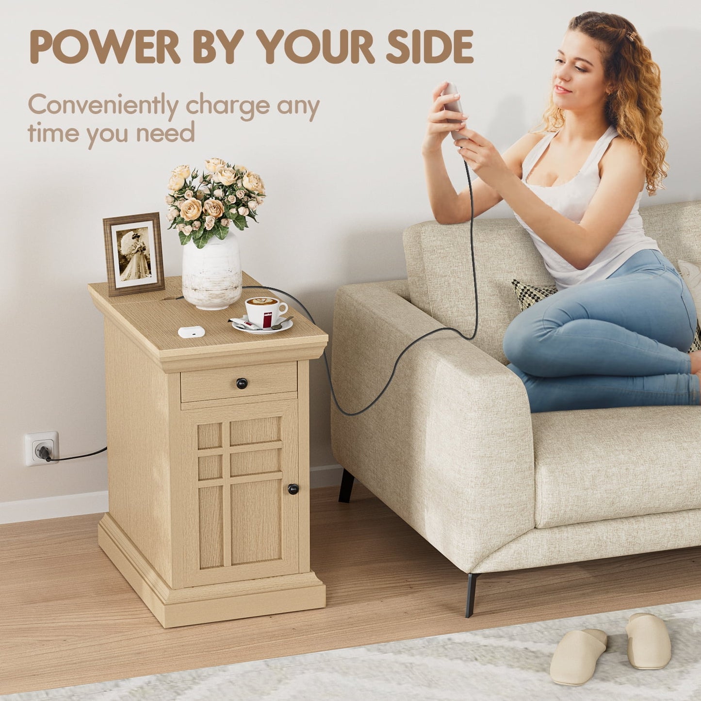 Furmax End Table,Nightstand with Charging Station, Side Table with Drawer & USB Ports & Power Outlets