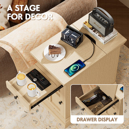 Furmax End Table,Nightstand with Charging Station, Side Table with Drawer & USB Ports & Power Outlets