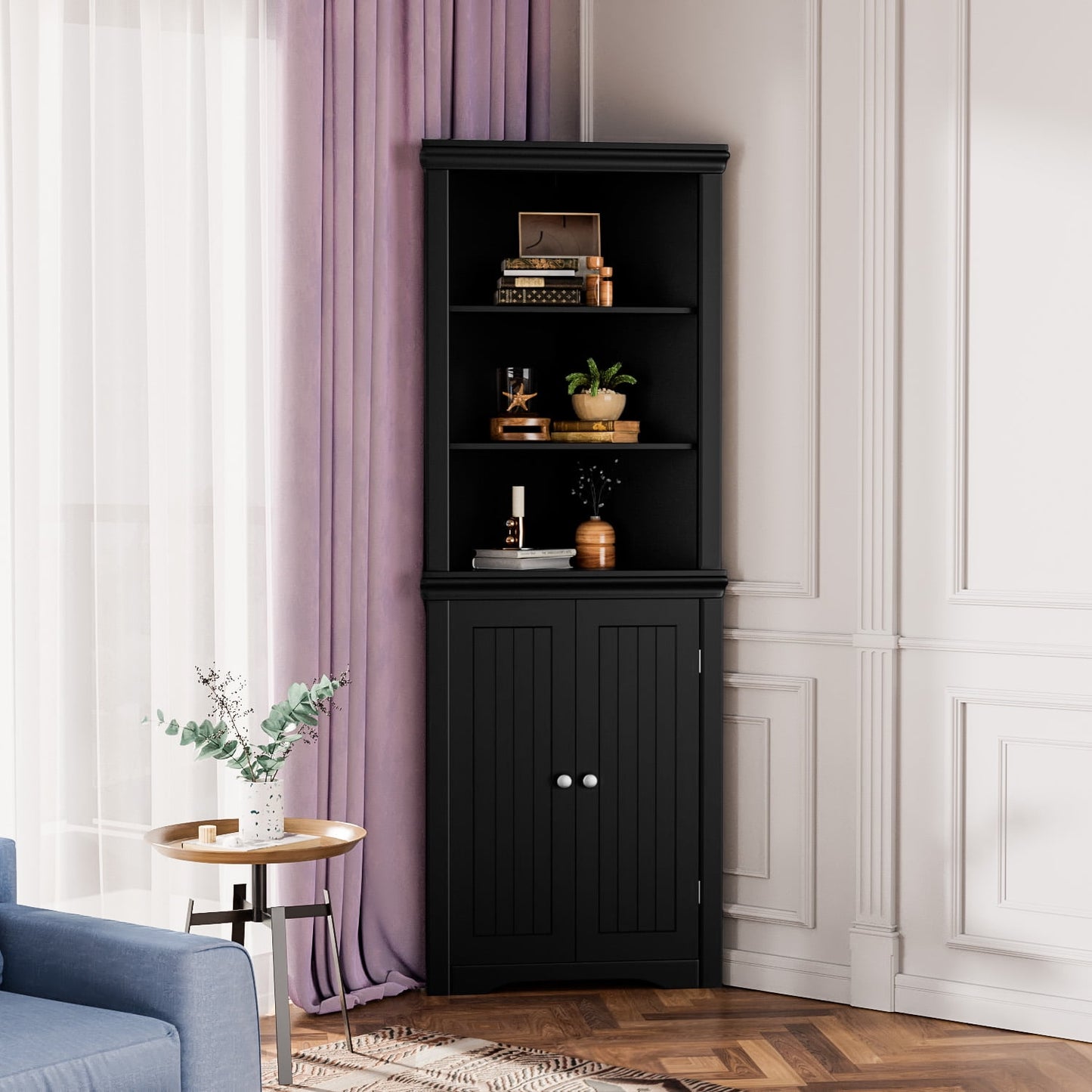 Furmax Corner Bookcase with Storage, Corner Bookshelf Stand Storage Rack for Living Room, Home Office, Kitchen, Small Space