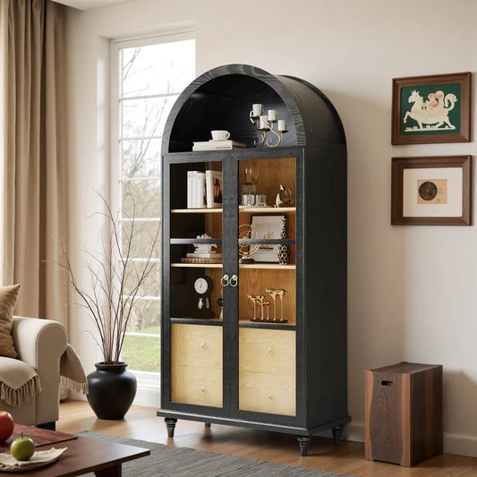 Furmax 71'' Tall Arched Pantry Cabinet, Wood Kitchen Storage Cabinet with 2 Large Drawers and 3 Shelves, Modern Farmhouse Cupboard for Kitchen, Living Room, Dining Room, Black