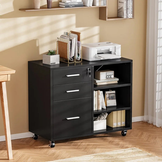 Furmax 3 Drawers File Cabinet with Lock & Wheels Vertical File Cabinet with Open Shelves for Home Office Study Room