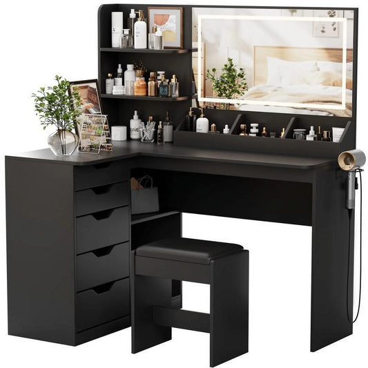Furmax L Shaped Vanity Desk Set Corner Makeup Vanity Set with Adjustable LED Lighted Mirror & Power Outlets Dressing Table with Organizers, and Cushioned Stool